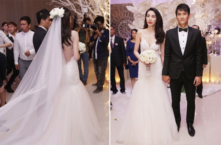 Trong đám cưới của mình với Công Vinh, Thủy Tiên ghi điểm với truyền thông và công chúng với bộ váy cưới được làm từ chất liệu ren Italy, voan cao cấp và đính đá Swarovski có giá lên tới nửa tỷ đồng.